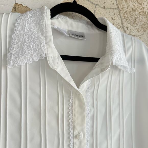 Vintage Pintuck Blouse Lace Collar Tuxedo Shirt Liz Baker Womens 14 Romantic Top - Picture 2 of 8